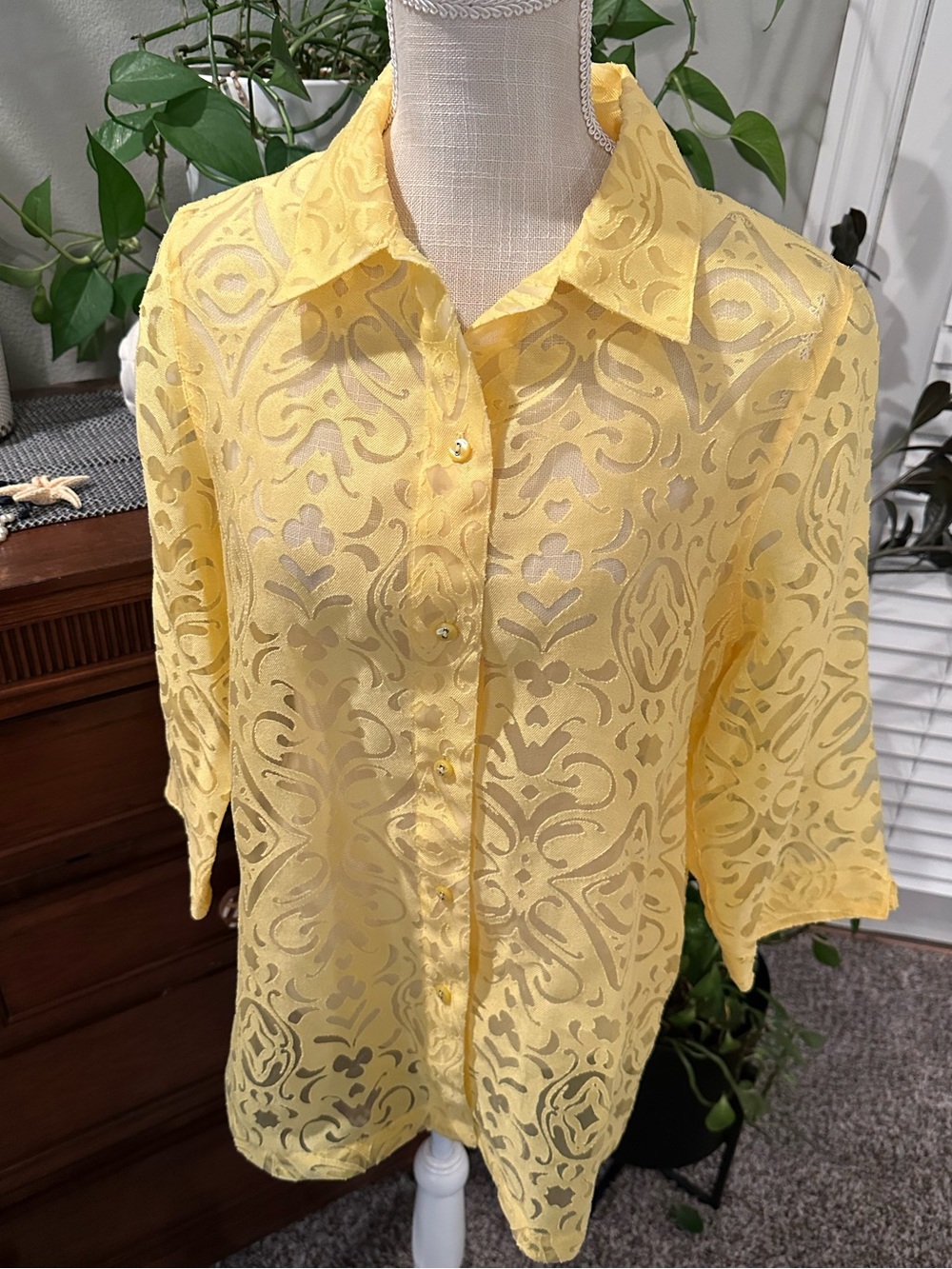 Allison Daley Yellow Floral Lace Button-Down Blouse